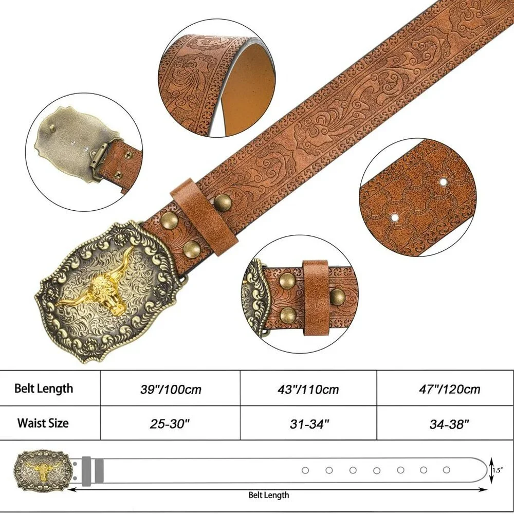 Western Cowboy Belts for Men Women - Bull Buckle Vintage Floral Engraved Belt fo - Picture 3 of 6